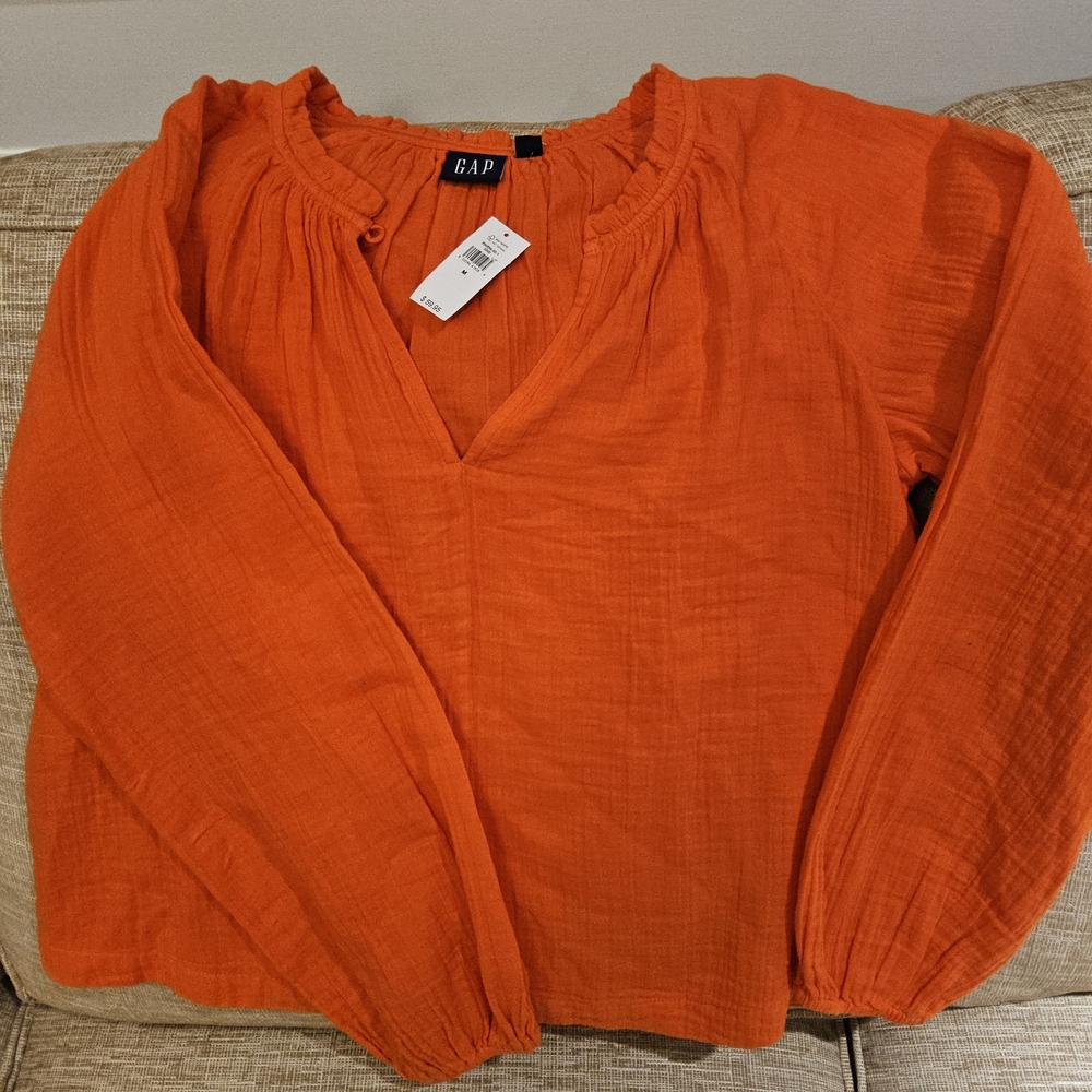 GAP Women's Bright Orange V-Neck Peasant Top